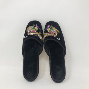 Vintage Chinese Asian Black Beaded Peacock Bird Velvet House Slippers 38 (7.5)